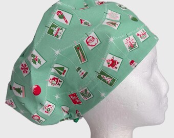 Gorro quirúrgico con estampado de postales navideñas retro: estilo europeo para mujer, ajuste ajustable.