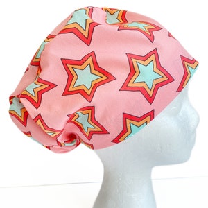 Stars 70s 80s Pink EURO Scrub Cap, Spring Groovy Retro Surgical Scrub Cap for Women, Adjustable Elastic with Cord Lock Toggle