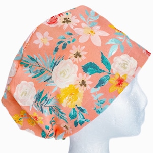 Peachy Keen Floral EURO Scrub Cap, Summer Surgical Scrub Cap for Women, Adjustable Elastic with Cord Lock Toggle