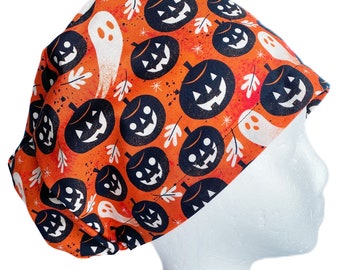Halloween Scrub Cap: Vintage Pumpkins Ghosts, Adjustable Euro Style