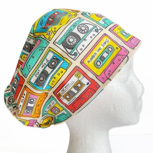 Mix Tape 80s Retro EURO scrub Cap, Fun Surgical Scrub Cap for Women, Adjustable Elastic with Cord Lock Toggle