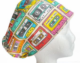 Mix Tape 80s Retro EURO scrub Cap, Fun Surgical Scrub Cap for Women, Adjustable Elastic with Cord Lock Toggle