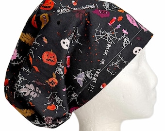 Gorro quirúrgico europeo con estampado floral otoñal espeluznante, gorro quirúrgico de Halloween para mujer, elástico ajustable con cierre de cordón.