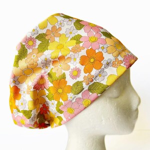 Mod Retro Spring Floral EURO Scrub Cap, Vintage Flower Surgical Scrub Cap for Women, Adjustable Elastic with Cord Lock Toggle