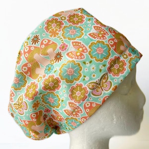 Groovy Spring Floral EURO Scrub Cap, Retro Flower Surgical Scrub Cap for Women, Adjustable Elastic with Cord Lock Toggle