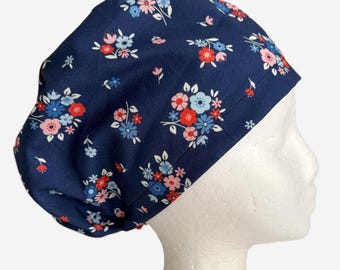 Summer Patriotic Floral Surgical Scrub Cap: Retro Euro Style, Adjustable Fit