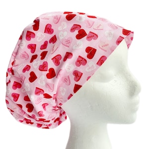 Pink Candy Valentine Hearts EURO scrub Cap, Pixie Surgical Scrub Cap for Women, Adjustable Elastic with Cord Lock Toggle
