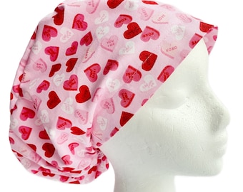 Pink Candy Hearts Surgical Scrub Cap: Adjustable Cotton Euro Style