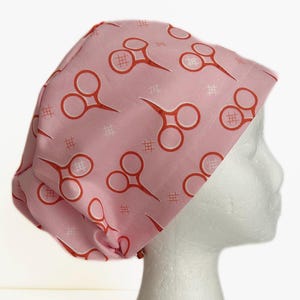 Snip Snip Scissors EURO Scrub Cap, Funny Surgery Scrub Hat, Pink Pixie Surgical Cap for Women, Adjustable Elastic with Cord Lock Toggle