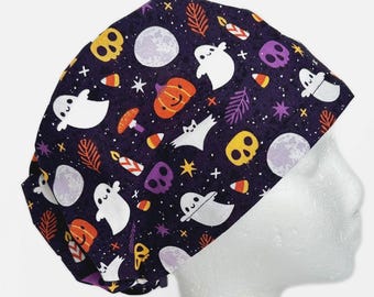 Gorro quirúrgico de Halloween Boo Crew: estampado de fantasma, luna y estrellas, ajustable, estilo europeo