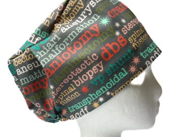 Gorro quirúrgico europeo gris y rosa con palabras de neurocirugía: gorro quirúrgico elegante, ajuste ajustable.