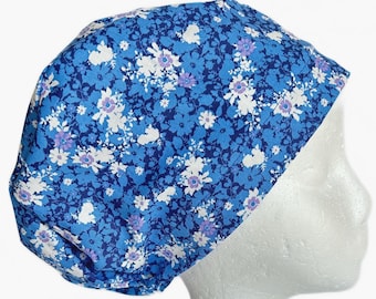 Classic Blue Floral Euro Scrub Cap: Adjustable Elastic Surgical Hat