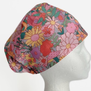 Hippie Floral 70s Retro EURO scrub Cap, Groovy Fun Surgical Scrub Cap for Women, Adjustable Elastic with Cord Lock Toggle