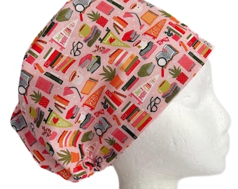 Pink Book Lover Euro Scrub Cap, Reading Surgical Hat, Adjustable Fit