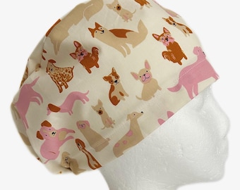 Dog Park Euro Scrub Cap: Adjustable Pink Cotton Surgical Cap