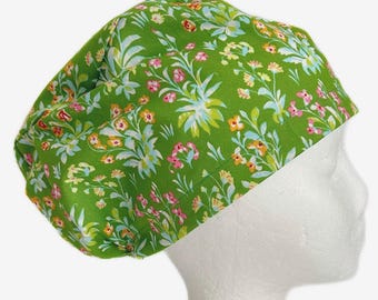 Wildflower Meadow Scrub Cap: Green Floral Euro Style, Adjustable Fit