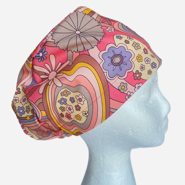Groovy Retro 70s Floral EURO Scrub Cap, Fall Surgical Scrub Cap for Women, Adjustable Elastic with Cord Lock Toggle