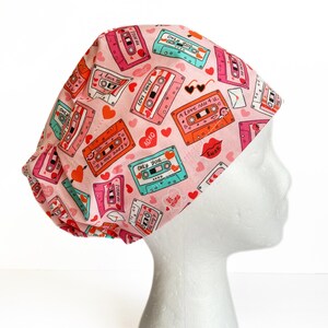 LOVE Mix Tape 80s Retro EURO scrub Cap, Fun Valentine Surgical Scrub Cap for Women, Adjustable Elastic with Cord Lock Toggle