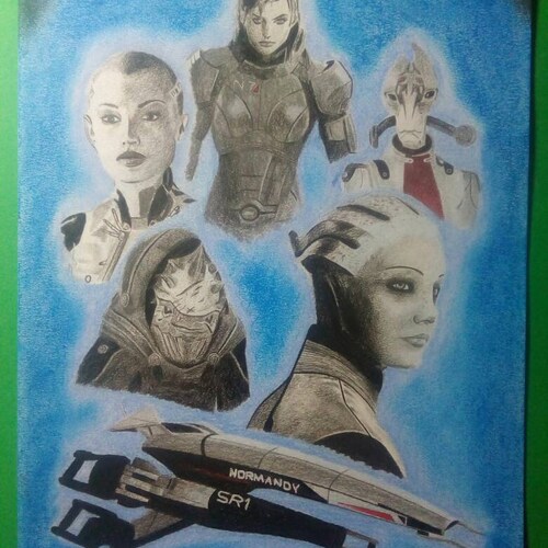 Drawing of Mass Effect. (Jane Shepard, Liara, Wrex, Jack, Mordin