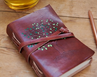 A6 handmade real buffalo leather notebook journal 6x4 inch Cover has an embossed SUMMER tree design with recycled BLANK non-refillable paper