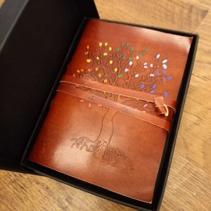 Tree of Life Genuine Leather Journal Notebook with Individually Handpainted Leaves of 7 Chakra Colours, Spiritual Gift for Women and Men