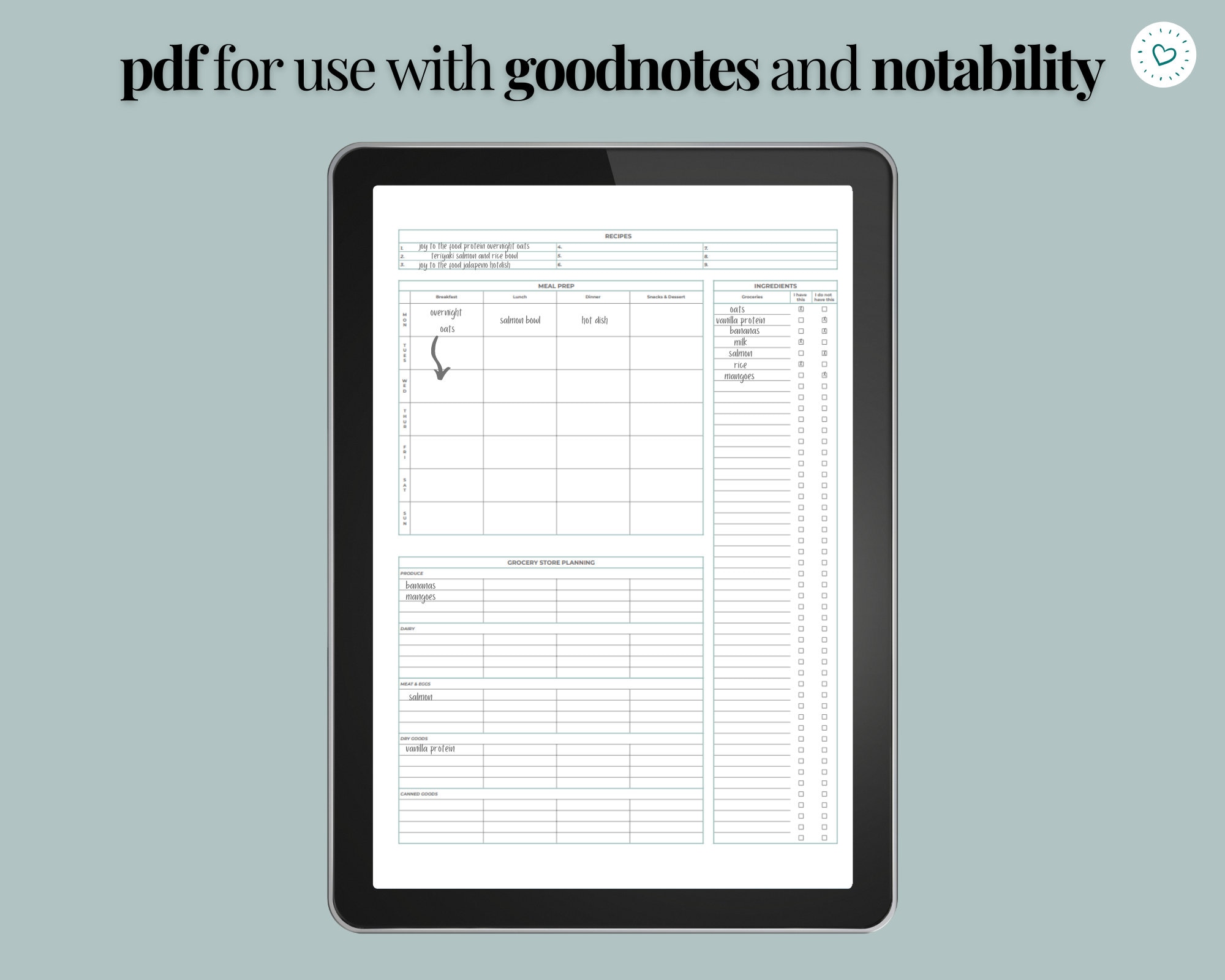 Meal Plan Template With Grocery List Printable, Weekly Meal Plan for ...