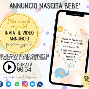 以下が含まれることがあります： スマートフォン画面に、赤ちゃんの誕生を知らせるカラフルなアナウンスが表示されています。アナウンスには、赤ちゃんが9か月後にやってくるという韻を踏んだ言葉が含まれています。画面のテキストは、「Qual'è la parola che fa rima con L... IMBO, inizia con la "B", e riguarda qualcuno che arriverà in appena 9 mesi?!」です。画面には、漫画の象と太陽も描かれています。