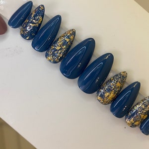 Blue and Gold Flake Acrylic Nails | Fake Nails | Glue On Nails | Press On Nails