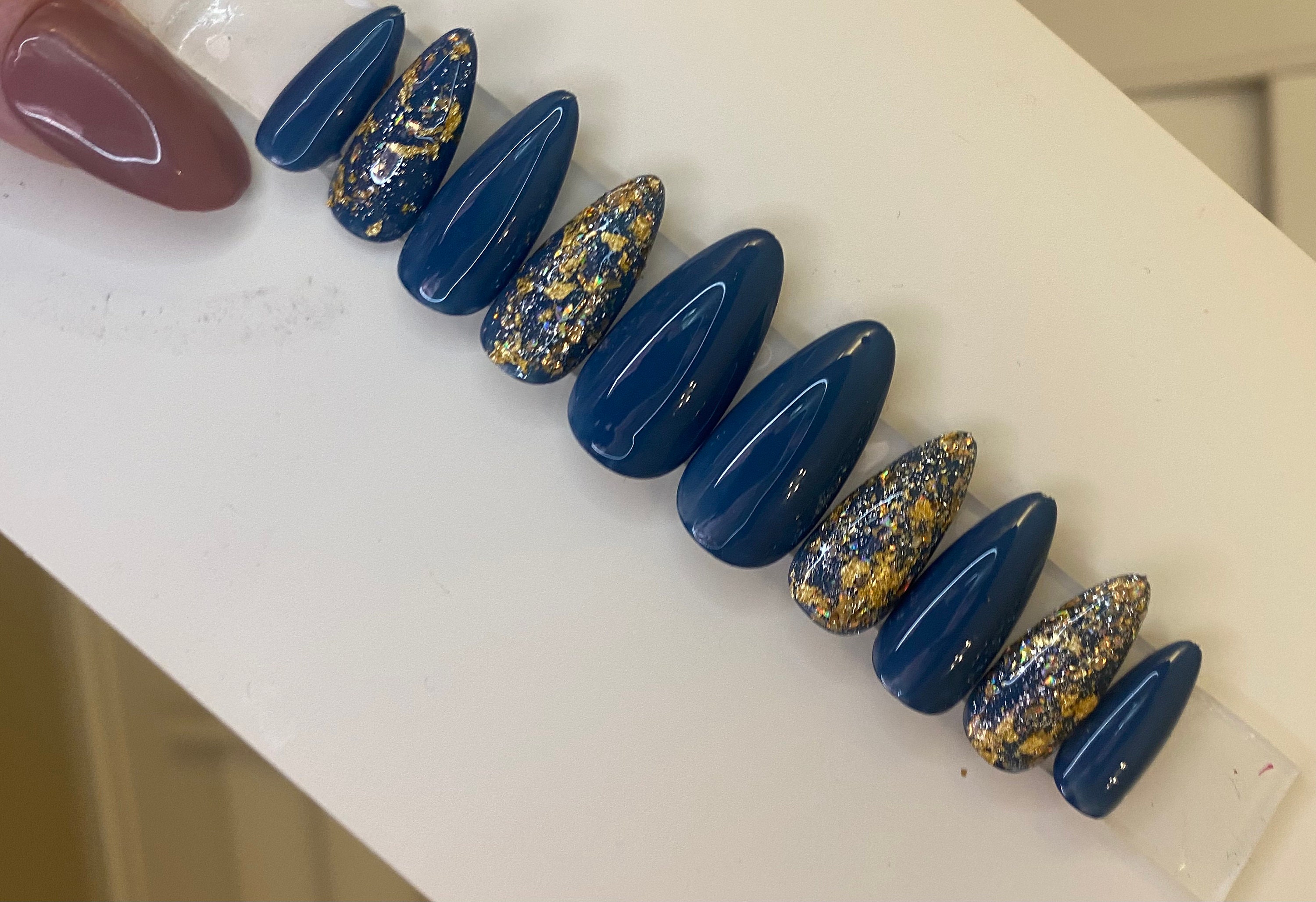 Blue and Gold Flake Acrylic Nails Fake Nails Glue on Nails - Etsy Australia Blue and Gold Flake Acrylic Nails Fake Nails Glue on Nails - Etsy Australia
