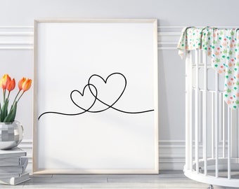 Double HEART Printable Wall Art, Black Two Heart One Line Drawing Print, 2 Hearts Continuous Line, Modern Minimalist Digital DOWNLOAD