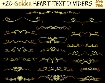 Golden HEART Dividers Bundle [Svg,Png], Heart Flourish Dividers Lines, Separate Divider Lines, Doodle Heart Text divider [Download]