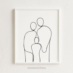 Familie van drie lijntekeningen – Minimalistische familie van 3 één lijntekening, familieliefde afdrukbaar, cadeau modern ouderschap [DOWNLOAD]