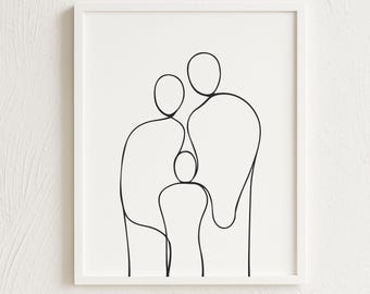 Family of Three Line Art – Minimalist Family of 3 One Line Drawing, Family Love Printable, Modern Parenthood Gift [DOWNLOAD]