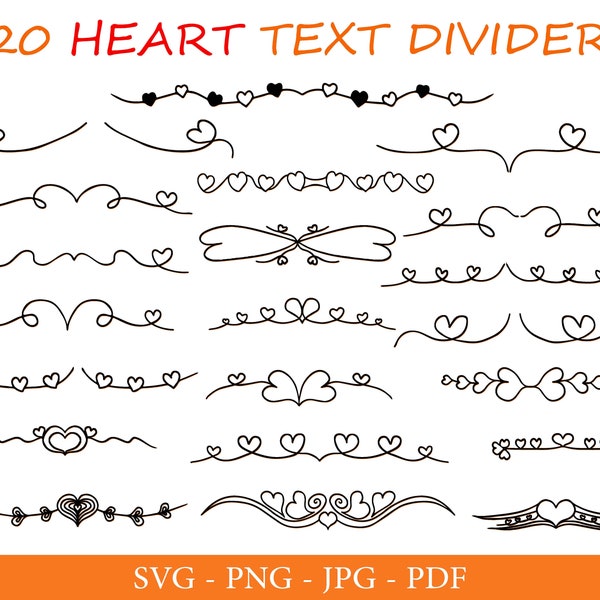 HEART Dividers Bundle [Svg,Png,Jpg,Pdf], Heart Flourish Dividers Lines, Separate Divider Lines, Doodle Heart Text divider [instant Download]