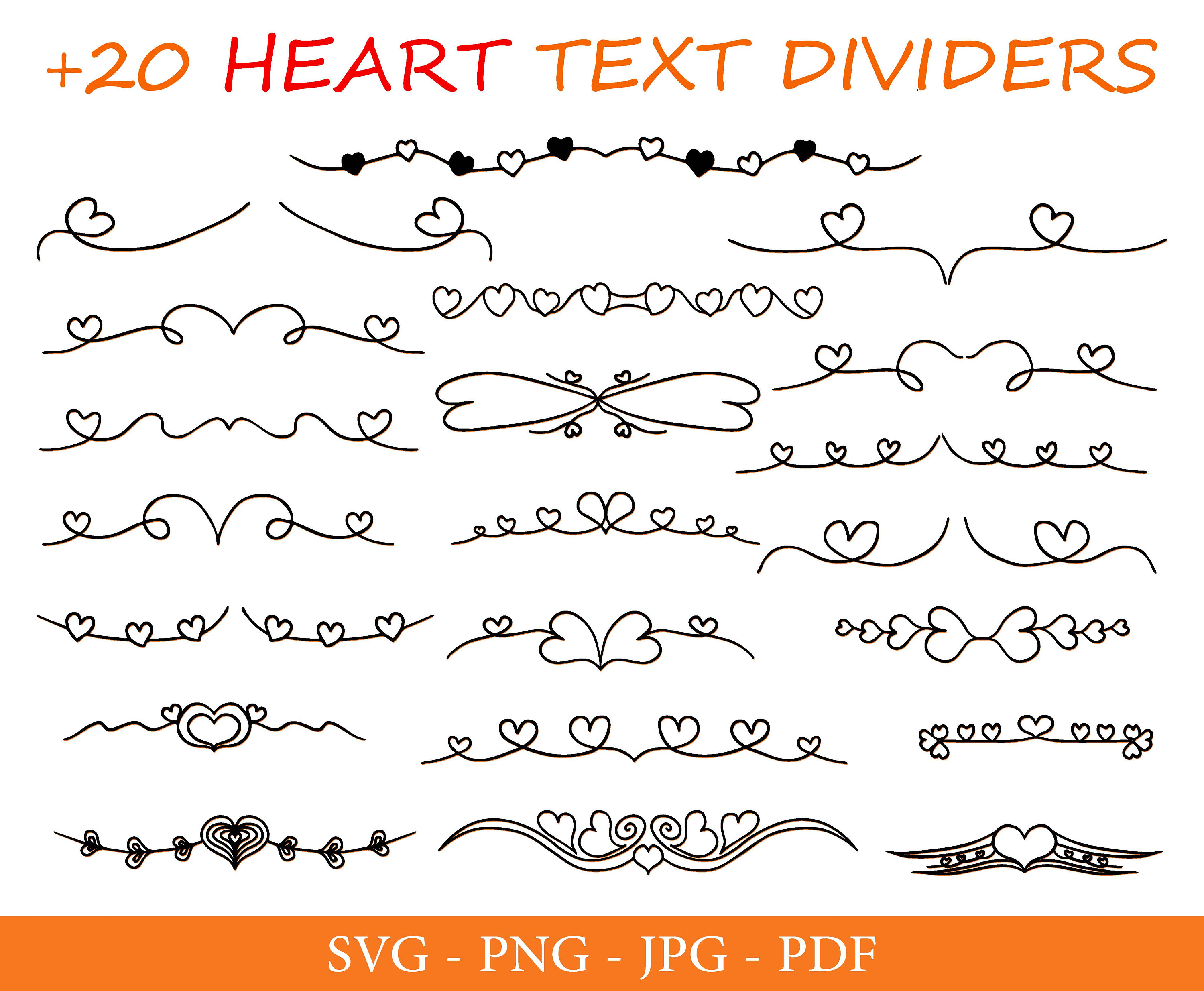 HEART Dividers Bundle [Svg,Png,Jpg,Pdf], Heart Flourish Dividers Lines, Separate Divider Lines, Doodle Heart Text divider [instant Download]