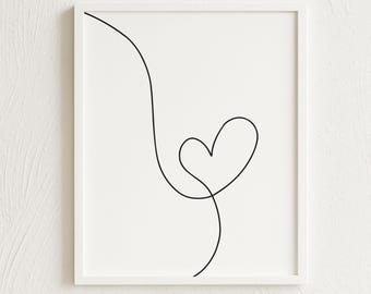 Single Heart Line Art – Minimalist Black Heart Wall Art, Modern One Line Drawing, Continuous Fine Line Heart Printable Decor [DOWNLOAD]