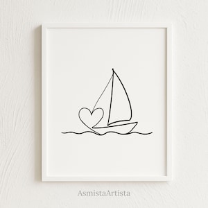 Boot Illustration, Love of Boat Line Art Zeichnung, Minimalistisches Boot mit Herz Druck für Bootsliebhaber [DOWNLOAD]