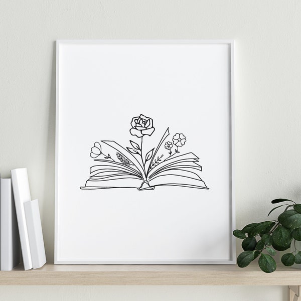 Buch DRUCKBARE Wandkunst, offenes Buch mit Blumen Line Art, Buch Zeichnung Druck, Buch-Liebhaber Geschenk, modern minimalistisch [Digitaler DOWNLOAD]
