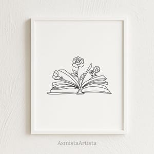 Open Book with Flowers Line Art – Fine Line Line Drawing Print | Minimalist Printable Wall Art | Modern Book Lovers Gift [DOWNLOAD]