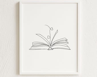 Open Book with Hearts – One Line Art, Minimal Continuous Line Drawing for Readers, Fine Line Printable Wall Art, Book Lover Gift [DOWNLOAD]