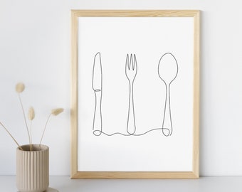 PRINTABLE Cutlery wall art, Cutlery One Continuous Line Art, Spoon & Knife and Fork Drawing, Minimalist  Cutlery Decor Print [DOWNLOAD]