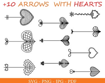 10 Arrows with Hearts, +10 HEART Arrow Bundle [Svg,Png,Jpg,Pdf], Hand drawn Arrows Bundle, Doodle Heart Lines Arrows[instant Download]