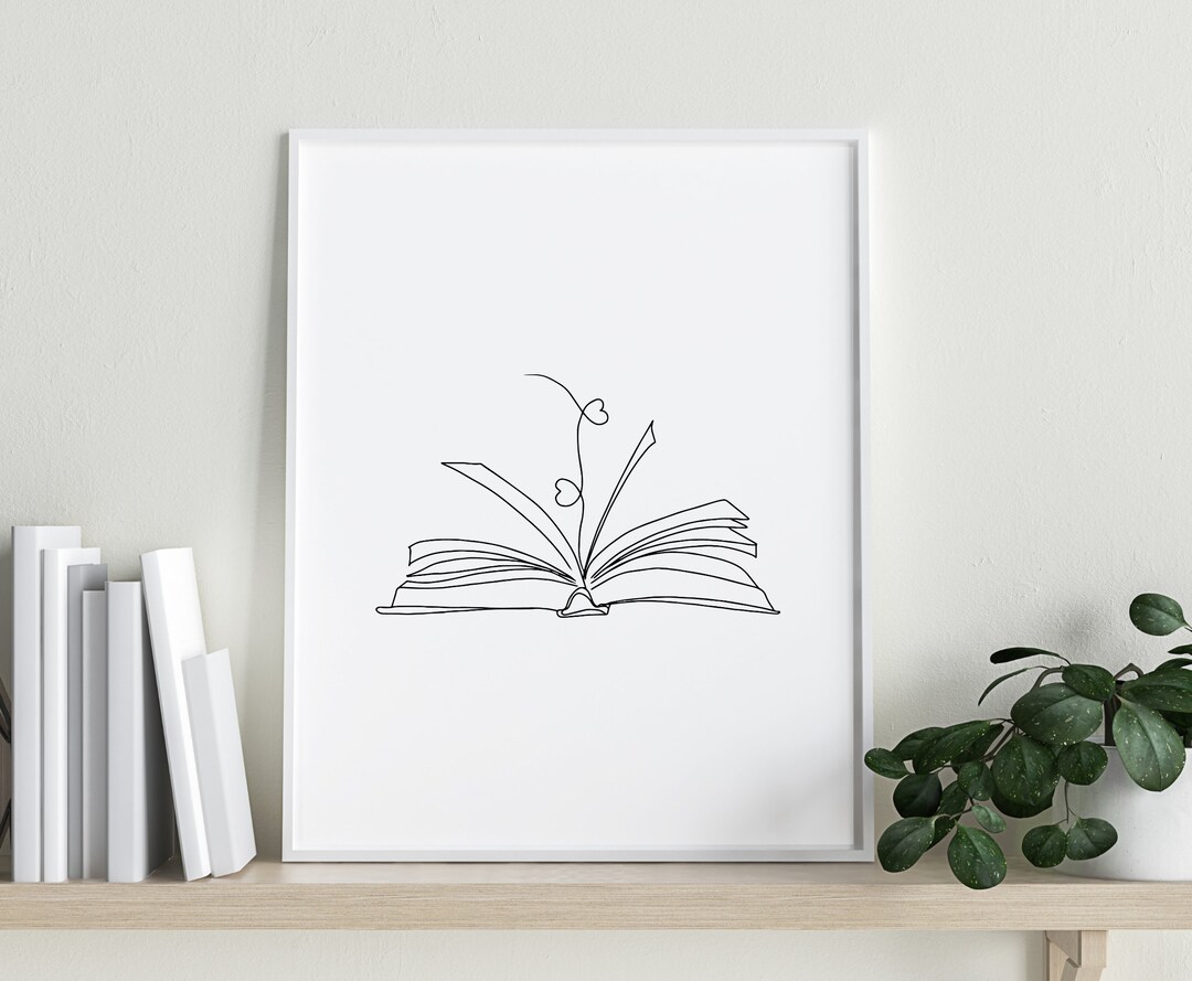 Book PRINTABLE Wall Art, Open Book With Hearts Line Art, Book Drawing ...