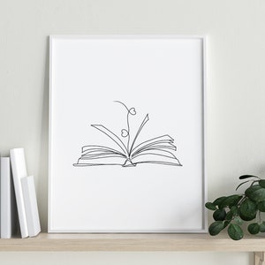 Book PRINTABLE Wall Art, Open Book with Hearts Line Art, Book Drawing Print, Book Lovers Gift, Modern Minimalist [Digital DOWNLOAD]