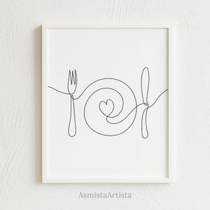 Teller & Besteck mit Herz Line Art – Minimalistische Küchen Wandkunst, moderne Teller Messer und Gabel Linie Zeichnung, Kulinarische Liebe Printable Decor