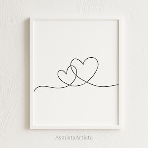 Doppelherzen One Line Art - Minimal zwei ineinander verschlungene Herzen, moderne 2 Herzen Fortlaufende Linie Zeichnung, feine Linie druckbare Wandkunst [DOWNLOAD