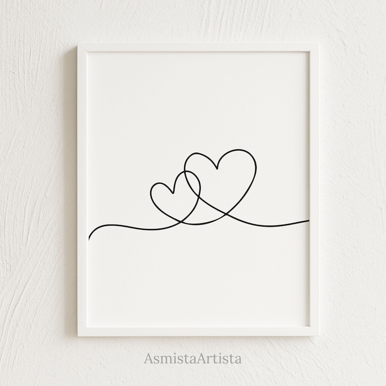 Double Hearts One Line Art – Minimal Two Intertwined Heart , Modern 2 Hearts Continuous Line Drawing, Fine Line Printable Wall Art [DOWNLOAD image 1