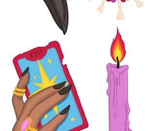 Witch Stickers, Glossy 4" x 7" Sheet with Tarot, Bone Necklace and Candle Art