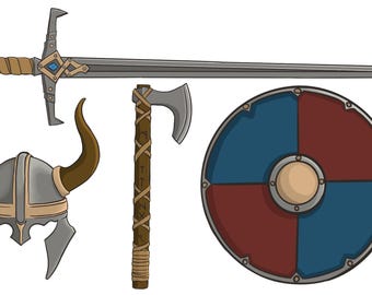 Glossy Viking Inspired Stickers - Sword, Helmet, Axe, Shield Illustrations for Scrapbooking