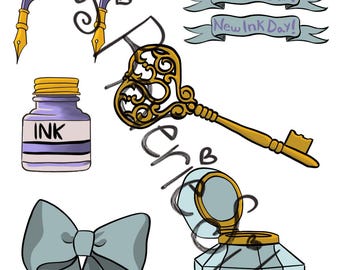 Glossy Purple Feather Quills, Golden Key, Ink Jar, Fountain Pen and Bow Journal Stickers